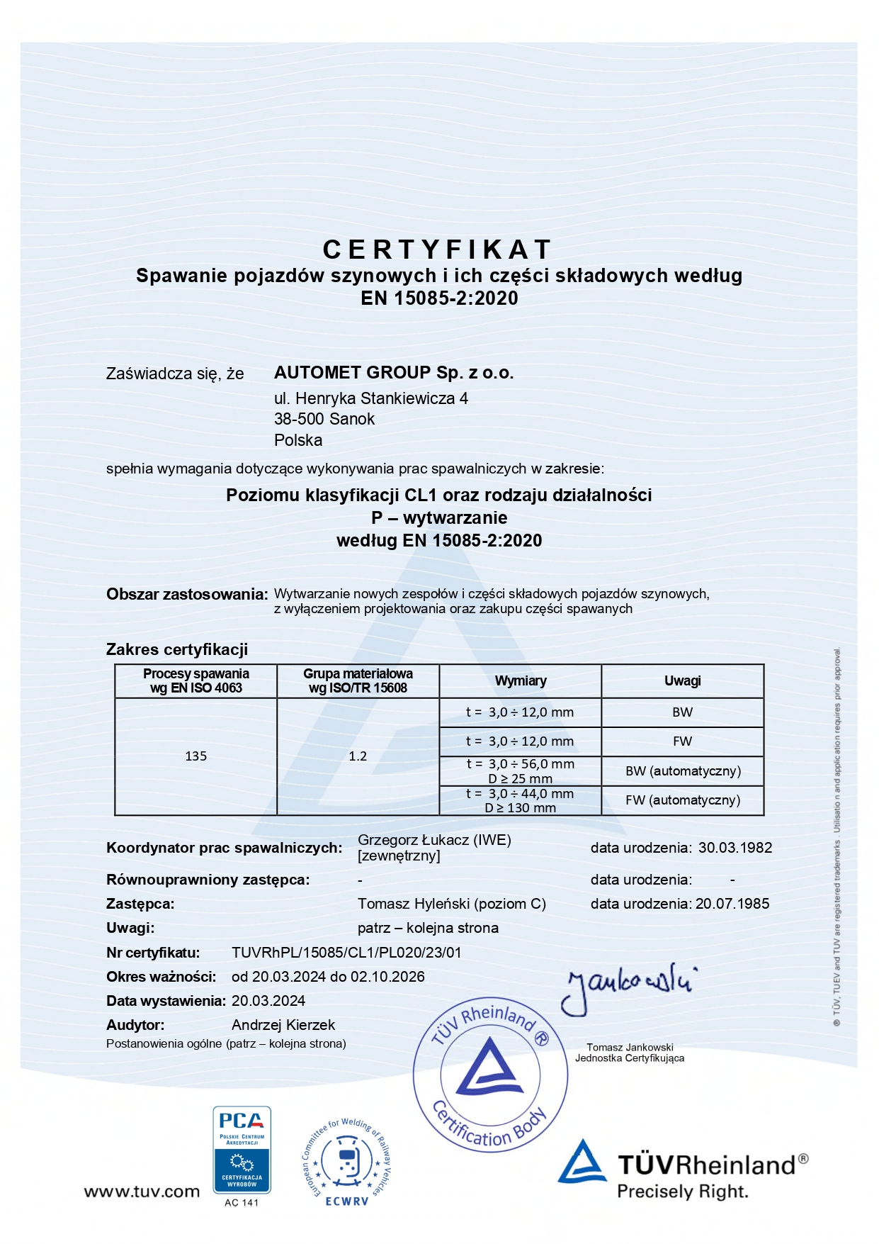 Welding of railway vehicles and components according Certificate