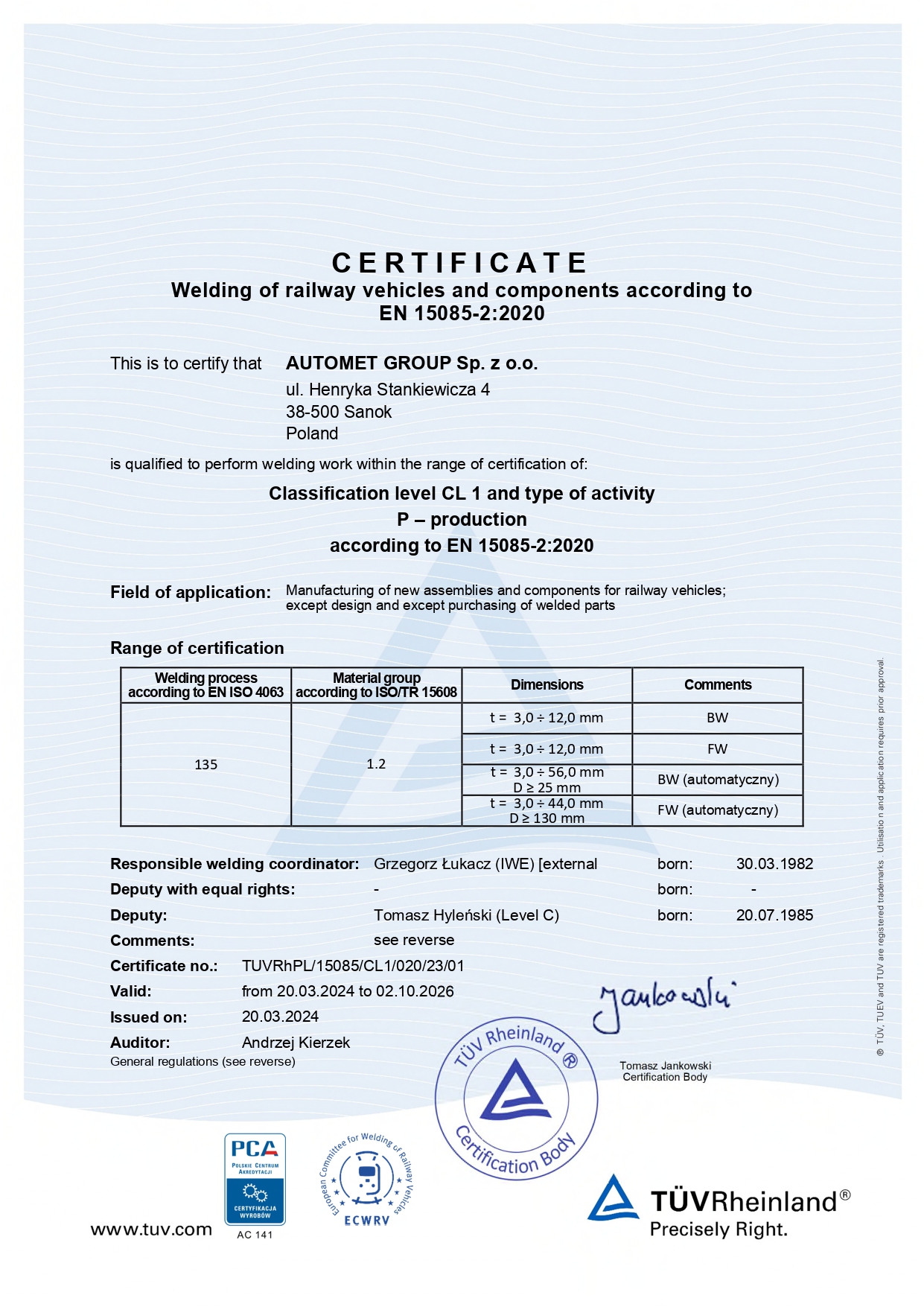 Welding of railway vehicles and components according Certificate