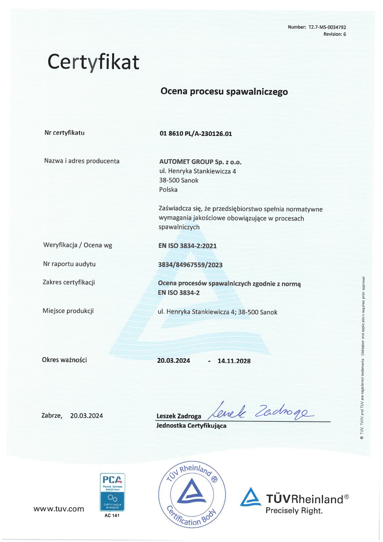 Inspection of welding process Certificate