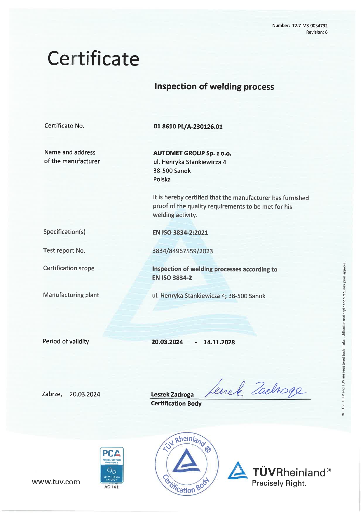Inspection of welding process Certificate